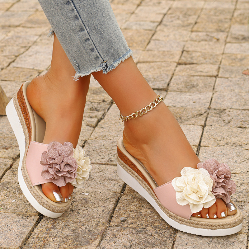 Women's Pink Flower Decor Plat – Espadrille Slip On recenzja i cena