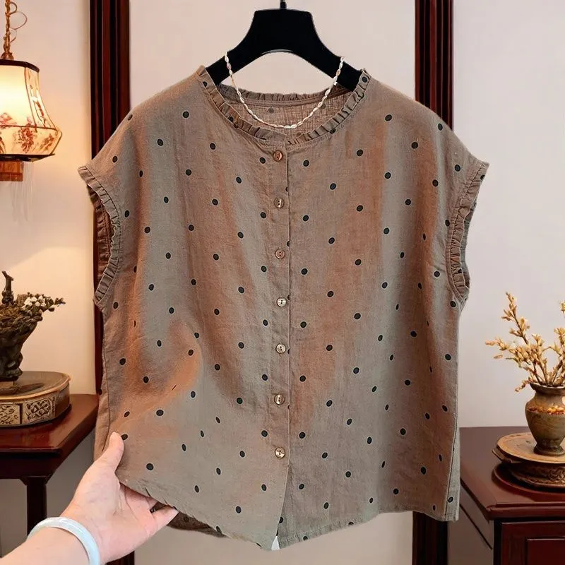 Women's Retro Polka Dot Linen  – Shirt Camp Collar recenzja i cena