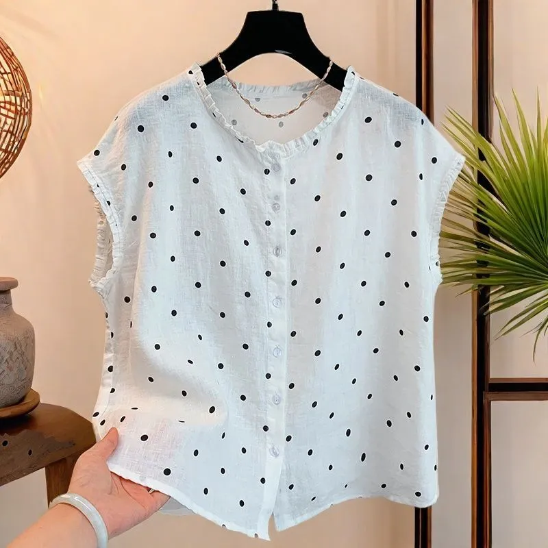 Women's Retro Polka Dot Linen  – Shirt Camp Collar recenzja i cena