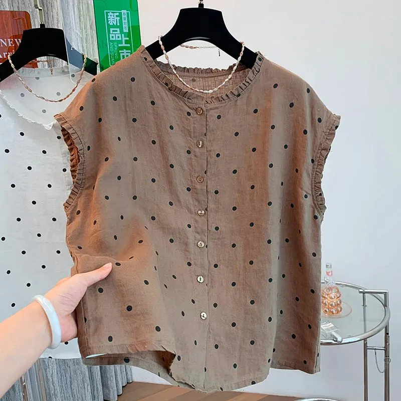 Women's Retro Polka Dot Linen  – Shirt Camp Collar recenzja i cena
