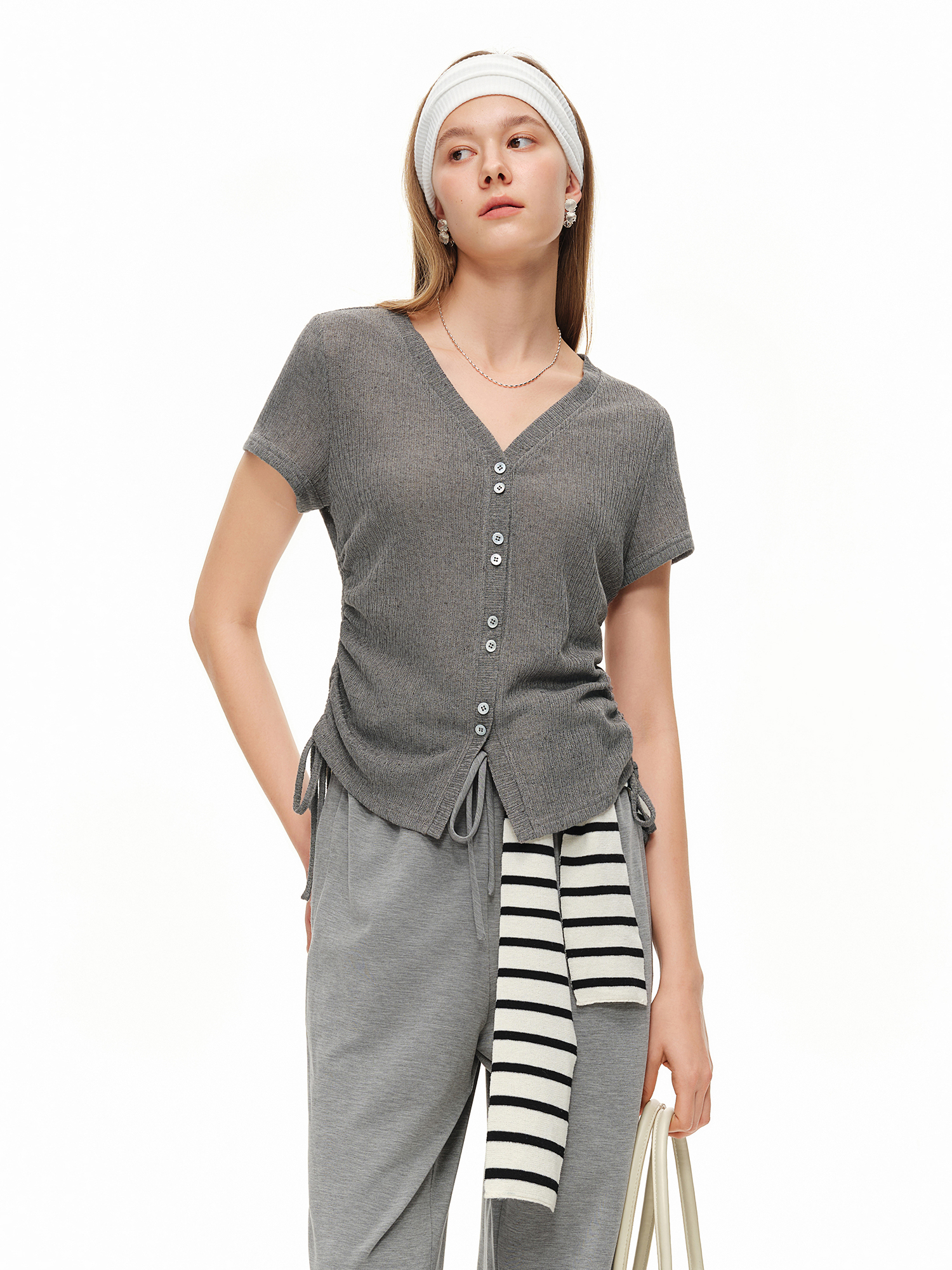 DUSHU Lightweight V-neck Linen – Short Linen Drawstring recenzja i cena